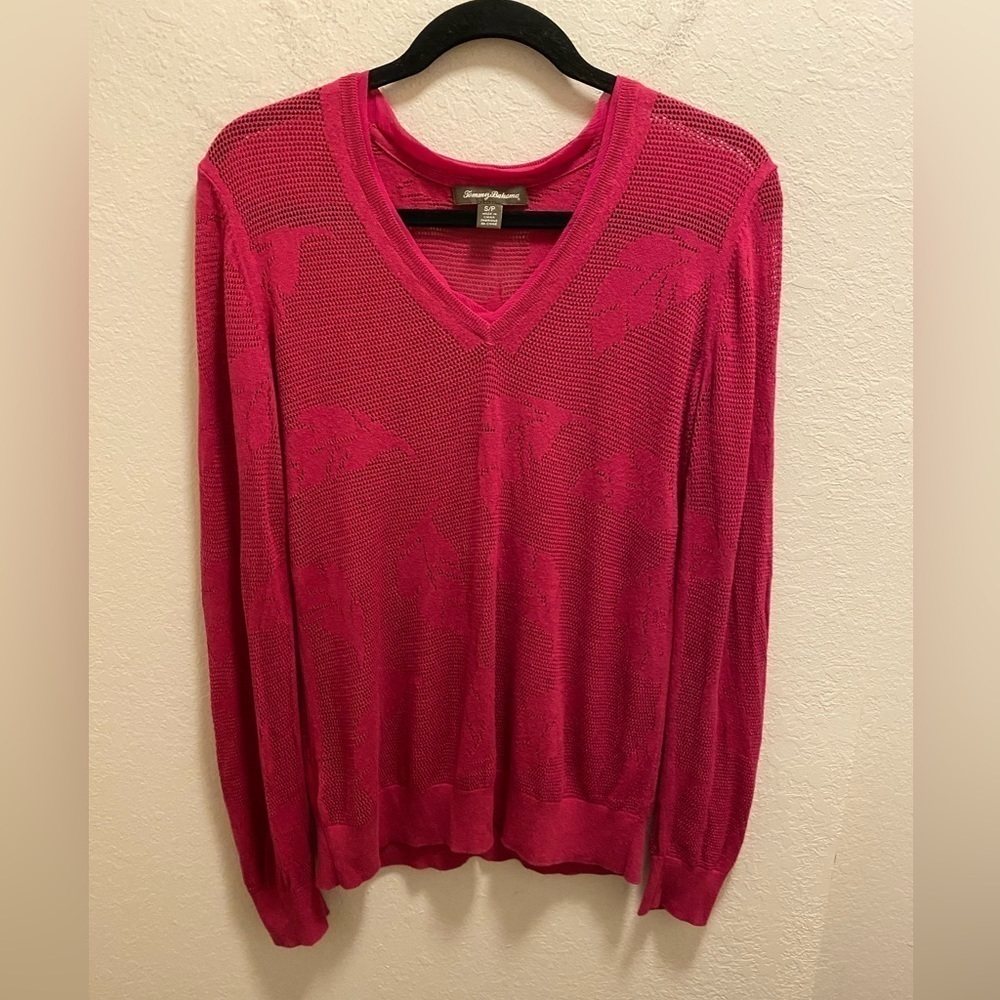 Tommy Bahama Pink Tropical Leaf Mesh V-Neck Sweater Size Small